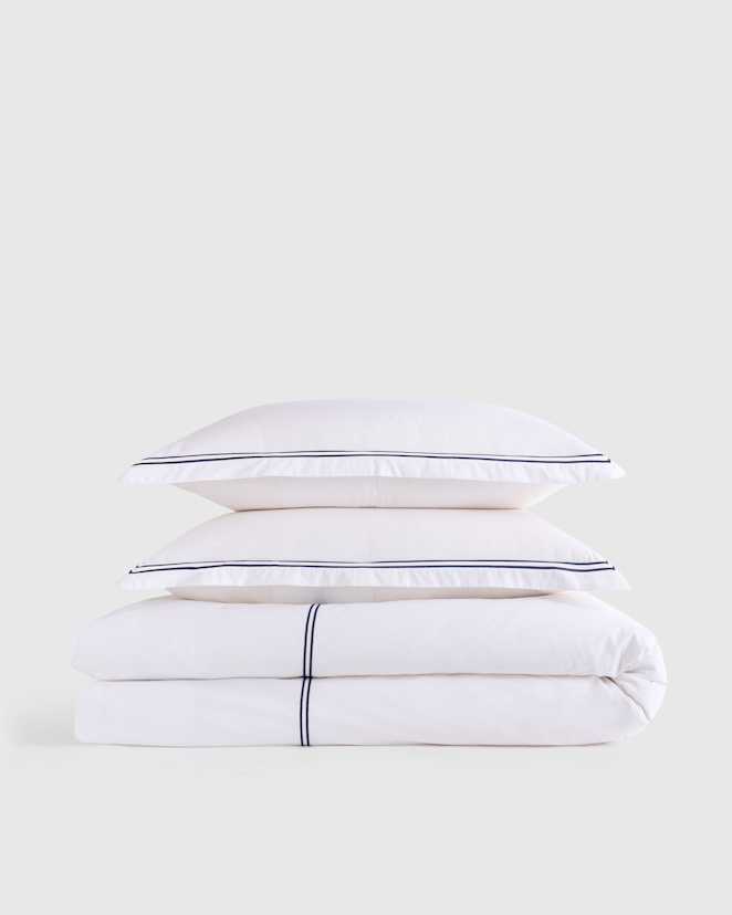 White/Navy Classic Organic Percale Embellished Duvet Cover Set