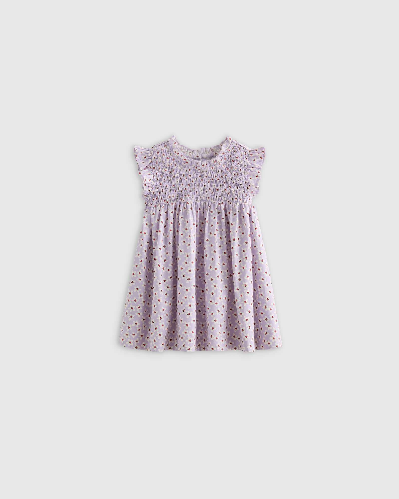 U--272 PURPLE DAISY2 RETOUCHED purple-daisy 100% Organic Cotton Poplin Smocked Flutter Sleeve Dress