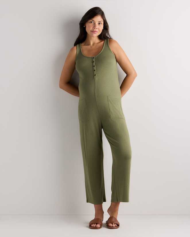 Green Tea Bamboo Rib Maternity Button Front Jumpsuit