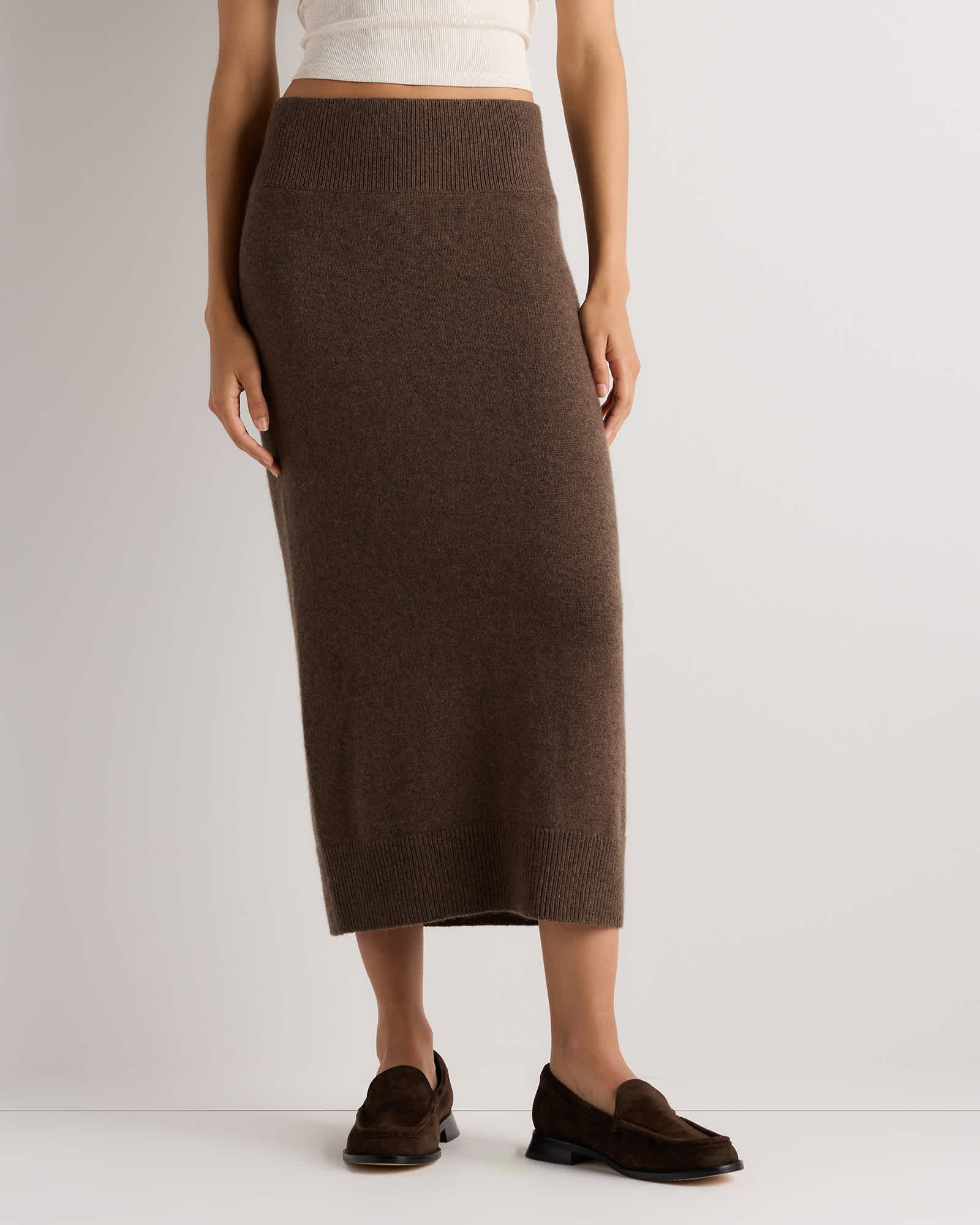 Brown Mongolian Cashmere Fitted Midi Skirt