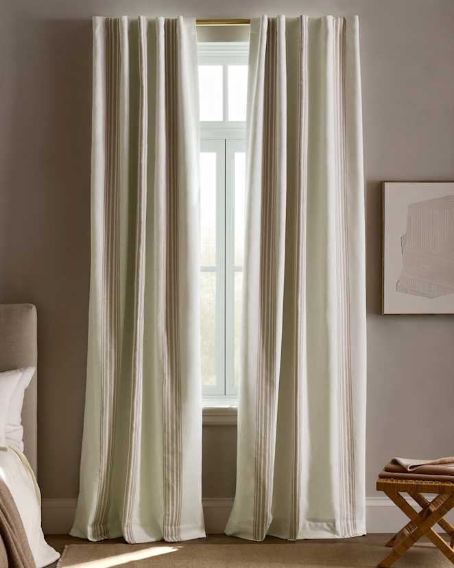 Ivory/Natural Coastal Stripe Linen Cotton True Blackout Curtain - Single Panel