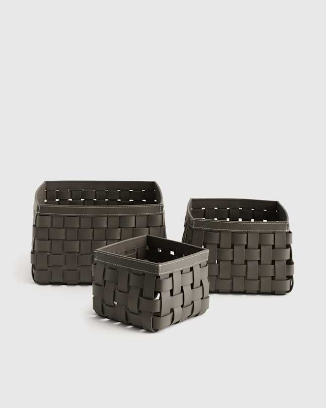 Brown Recycled Woven Leather Baskets (set of 3)