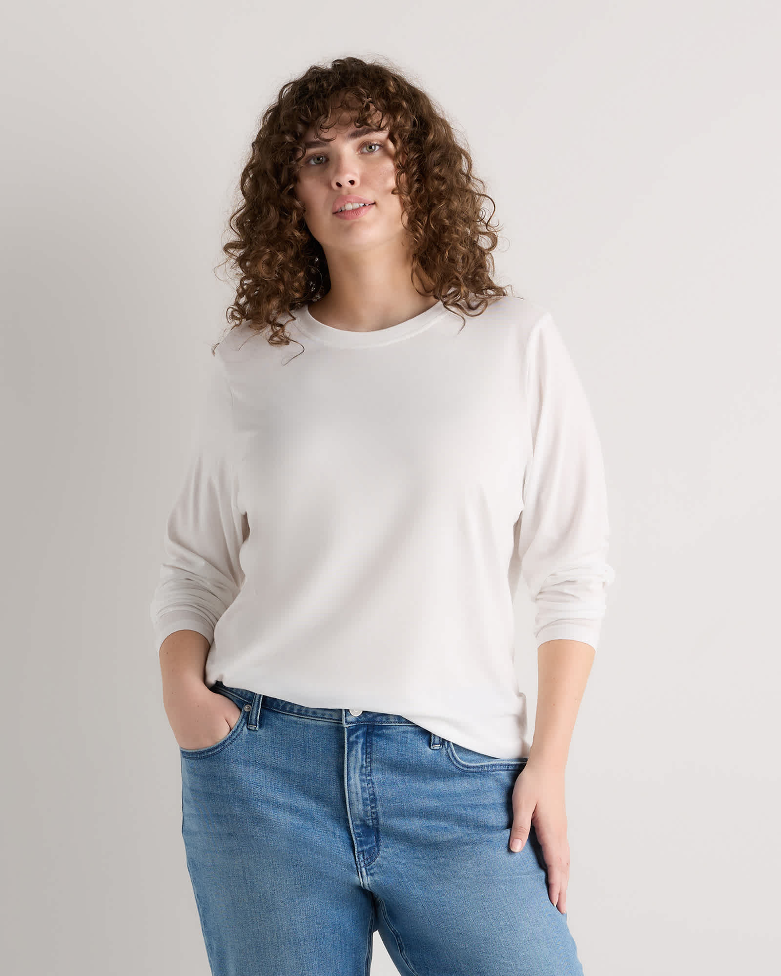 White T-shirt à manches longues en coton et modal pour femmes, taille plus