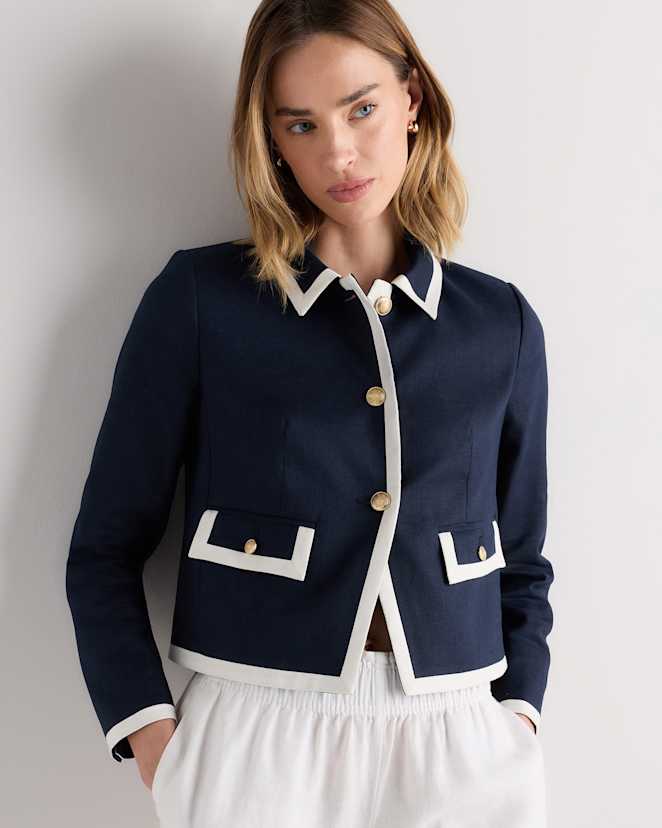 Deep Navy/Ivory European Stretch Linen Cropped Lady Jacket