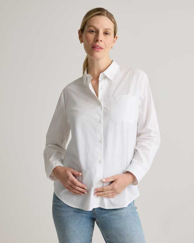 Classic White 100% Organic Cotton Poplin Maternity Long Sleeve Shirt