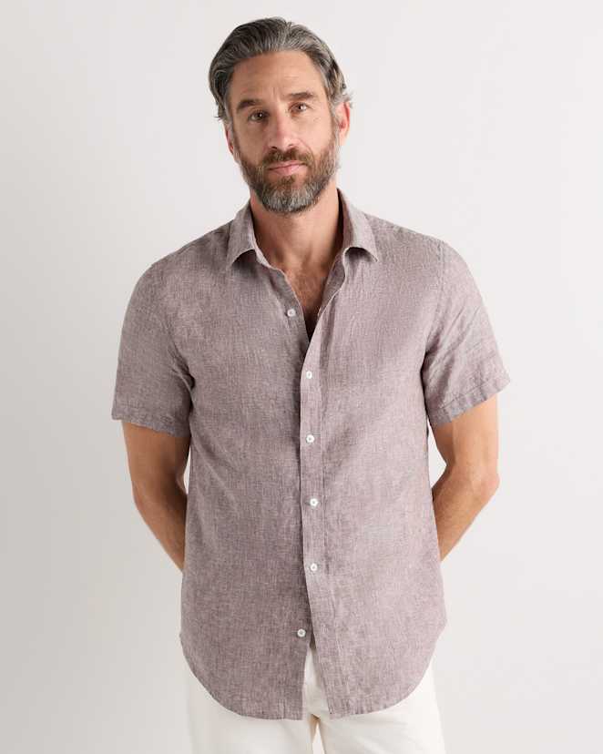 Taupe Brown Chambray 100% European Linen Relaxed Short Sleeve Shirt