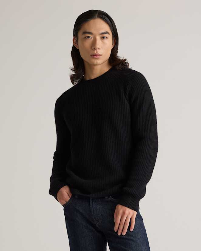 Black Mongolian Cashmere Fisherman Crewneck Sweater