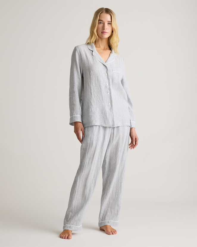 Blue Pinstripe 100% European Linen Long Sleeve Pajama Set with Piping