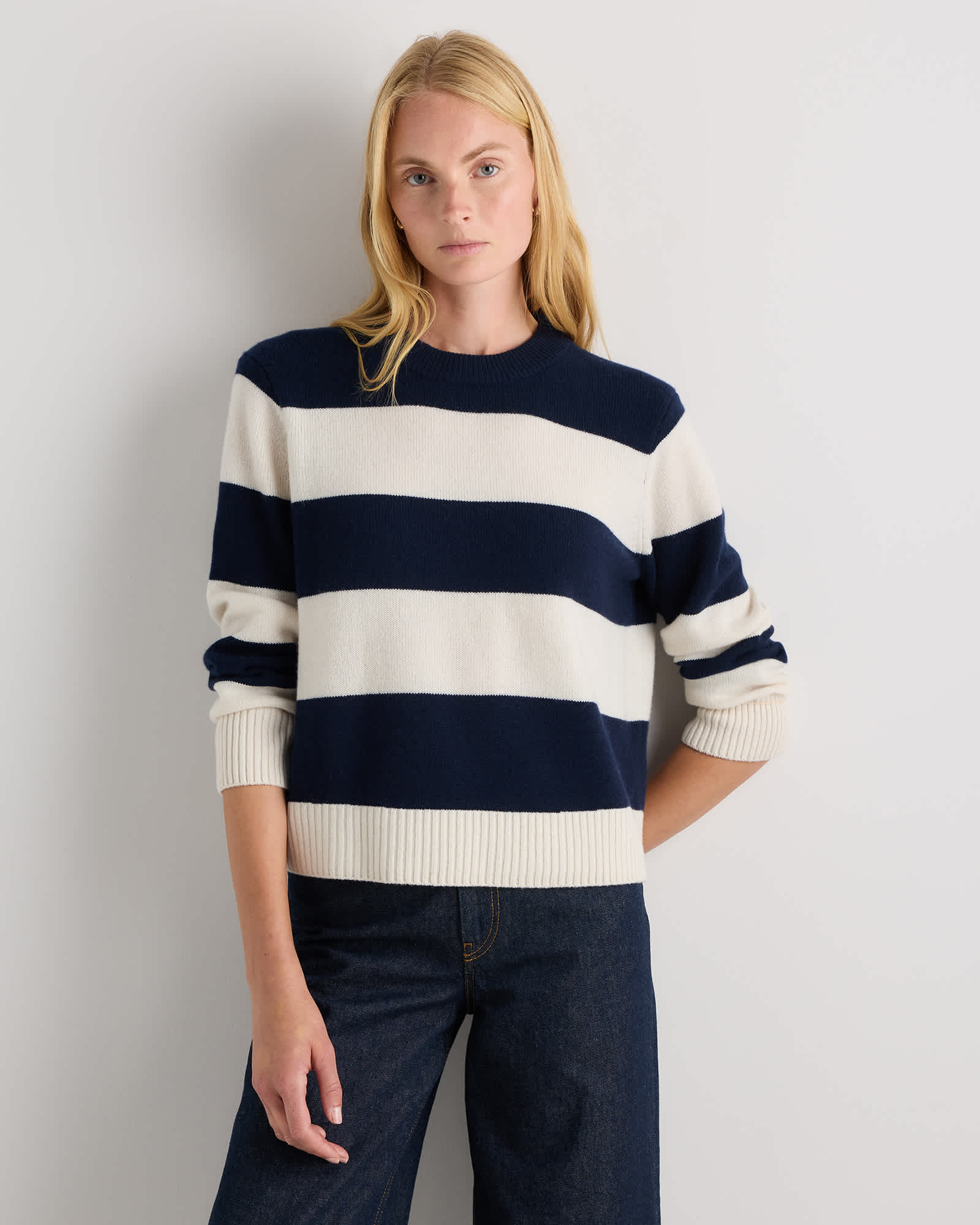 True Navy/Ivory Rugby Stripe Mongolian Cashmere Oversized Crewneck Sweater