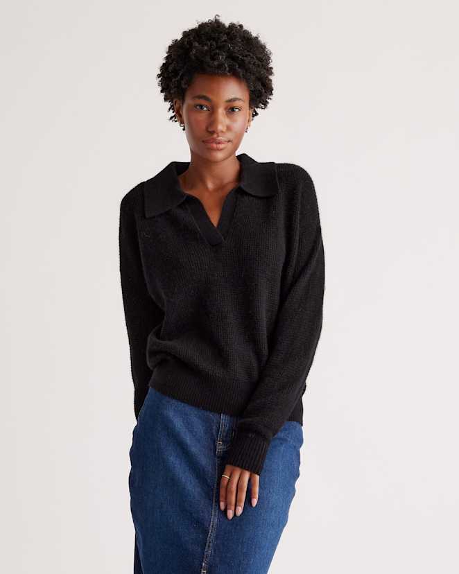 Black Baby Alpaca-Wool Waffle Stitch Polo Sweater