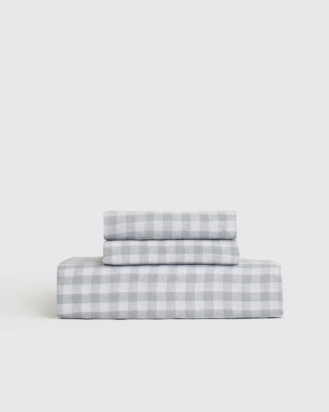 Blue Fog European Linen Gingham Fitted Sheet Set