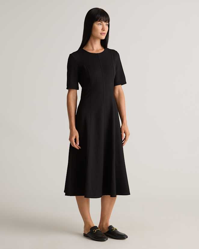 Black Ultra-Stretch Ponte Short Sleeve Midi Dress