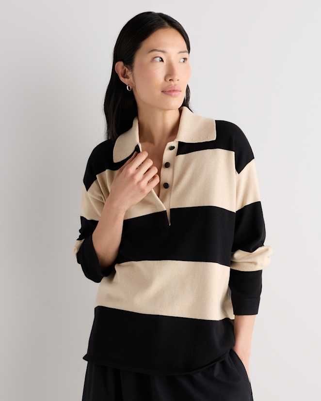Oatmeal / Black Rugby Stripe Cotton Cashmere Rugby Polo Sweater