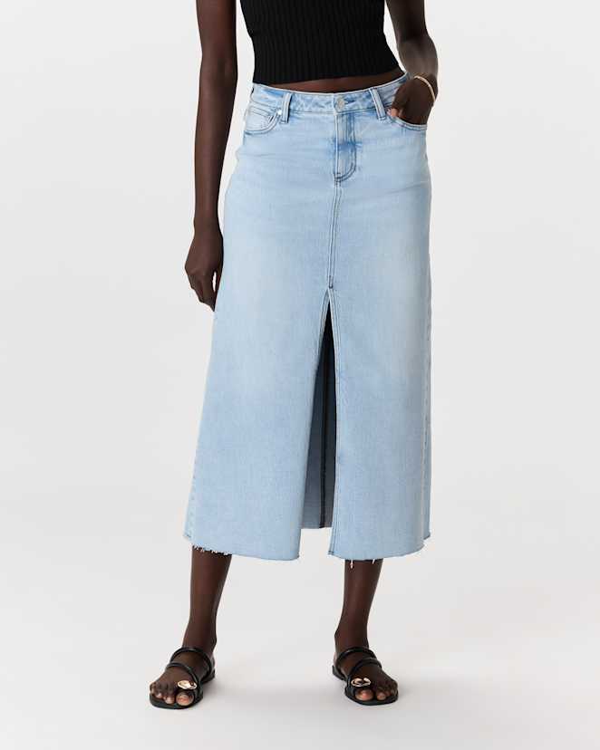 Cool Blue Stretch Denim 5-Pocket Midi Skirt