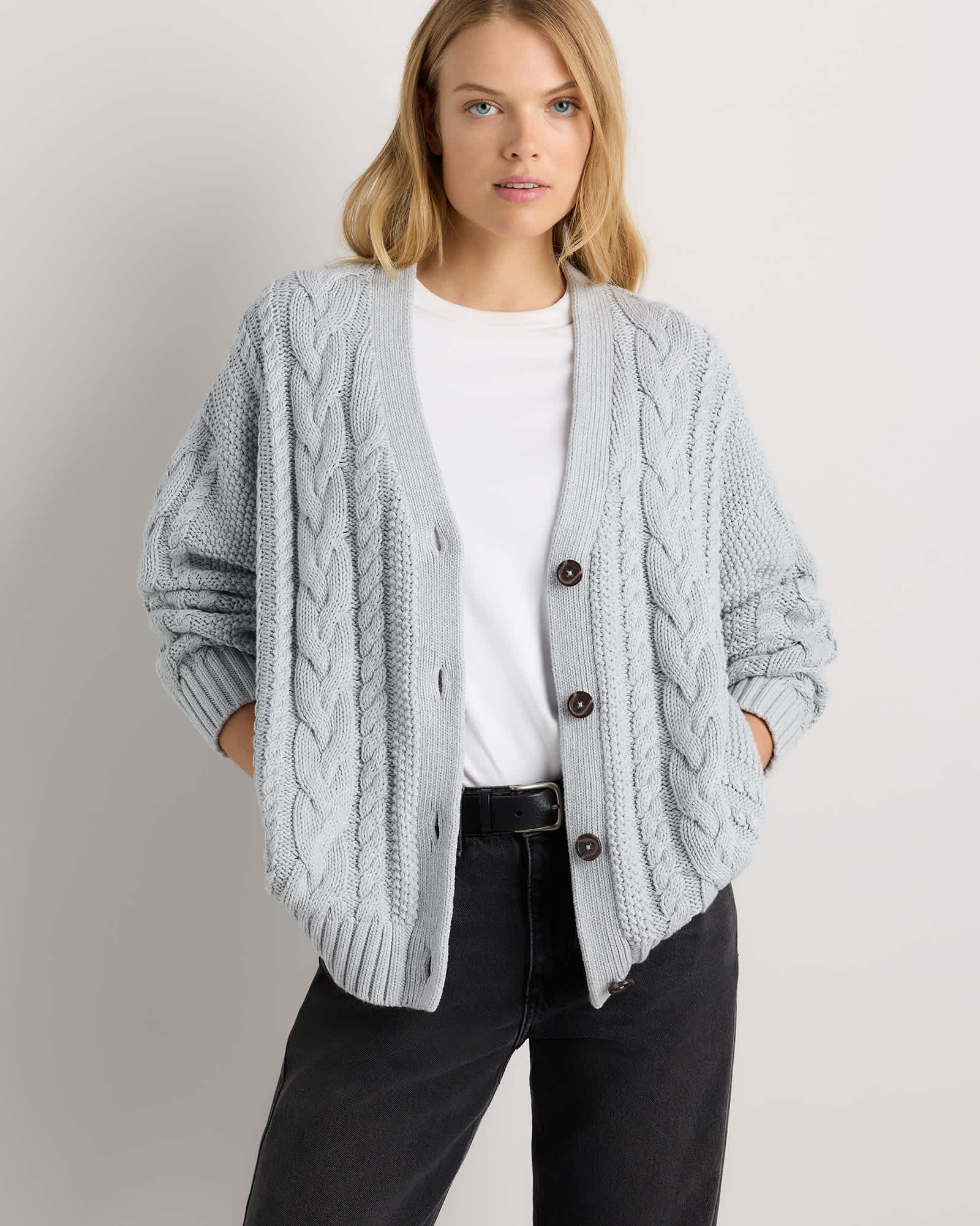 Heather Dove Grey 100% Organic Cotton Oversized Cable Cardigan