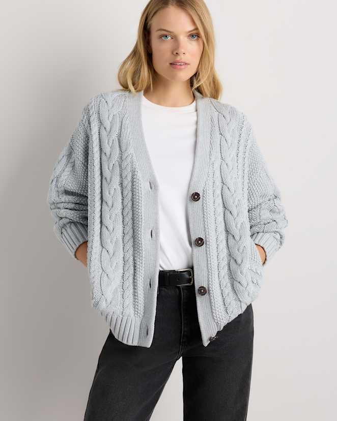 Heather Dove Grey 100% Organic Cotton Oversized Cable Cardigan