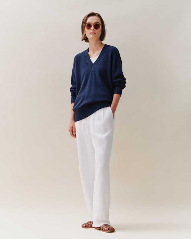 White 100% European Linen Pleated Trouser
