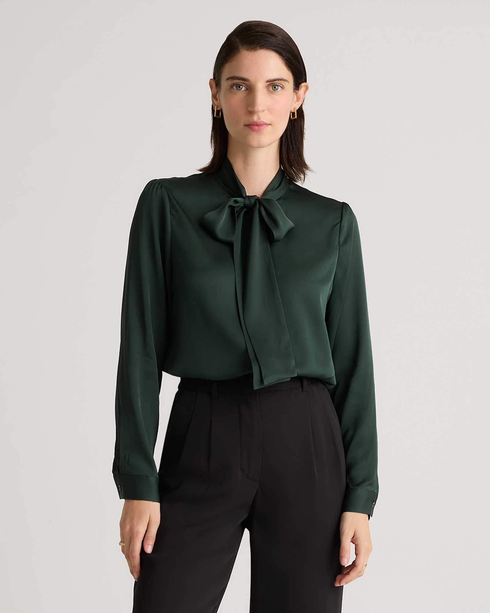 forest-green Washable Stretch Silk Tie Neck Blouse