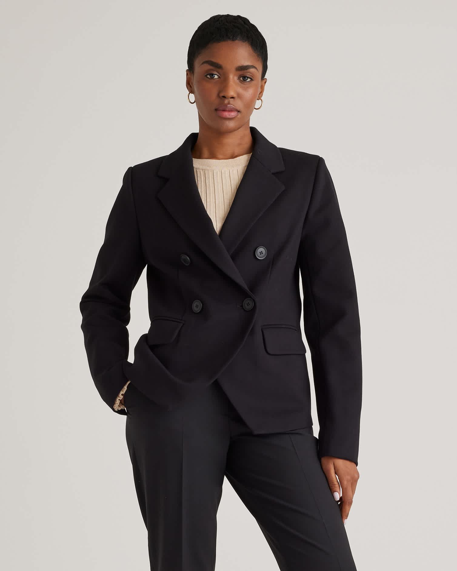 black Ultra-Stretch Ponte Double-Breasted Blazer