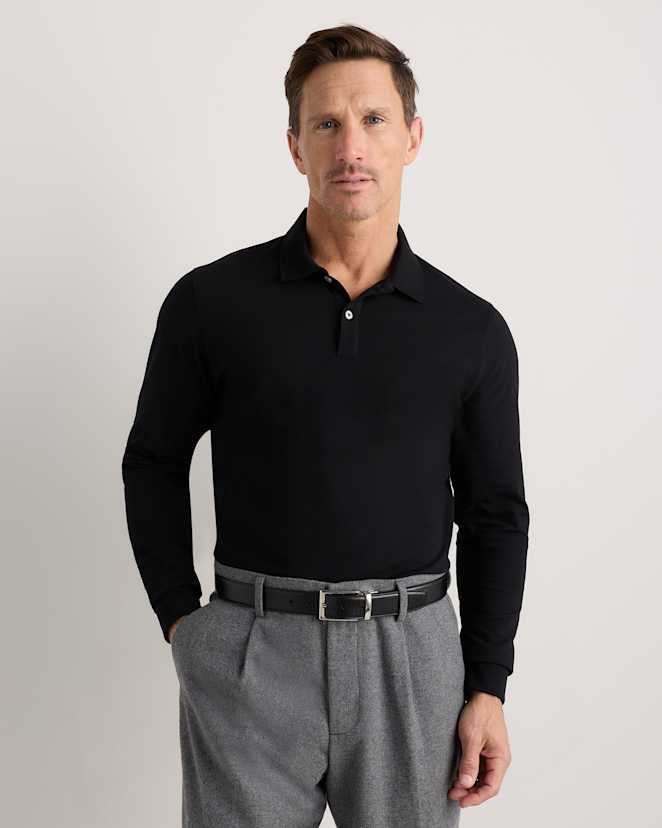 Black Organic Cotton Long Sleeve Pique Polo