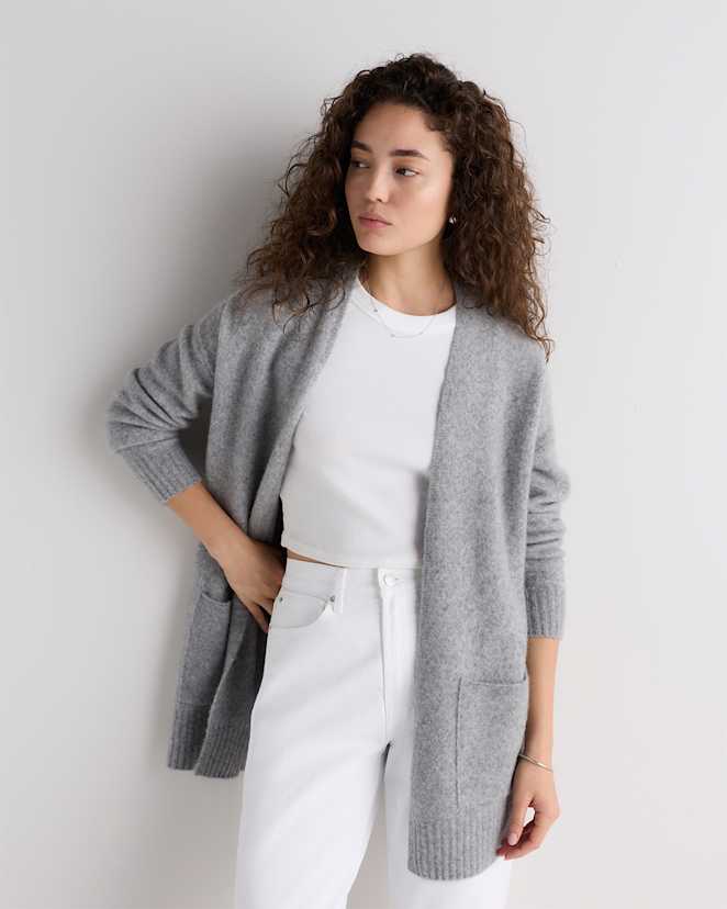 Stone Grey Cashmere Silk Boucle Open Cardigan