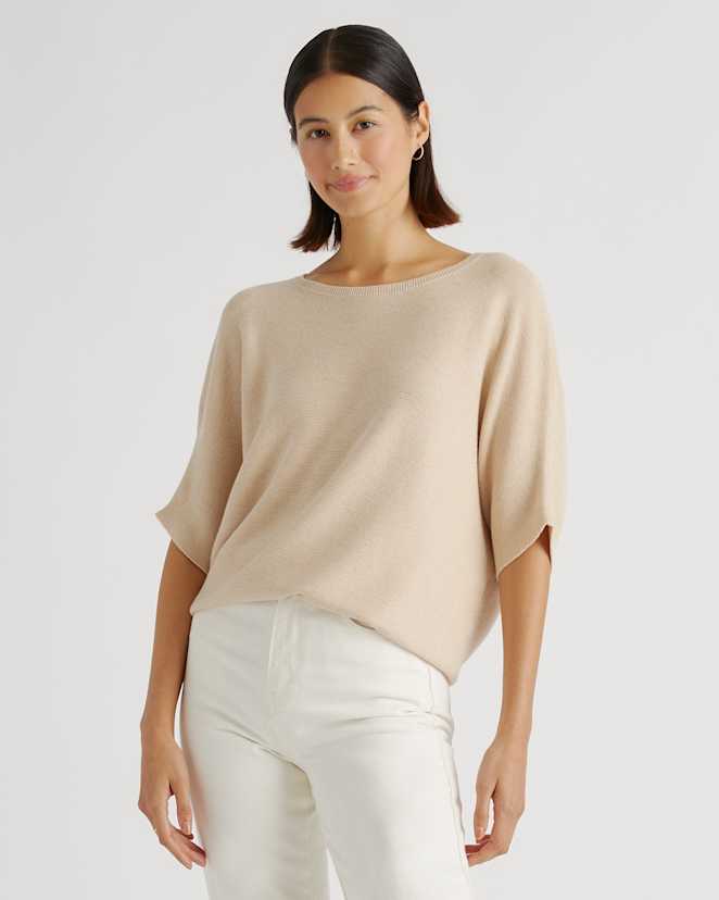 Heather Oatmeal Lightweight Cotton Cashmere Link-Stitch Dolman Sweater