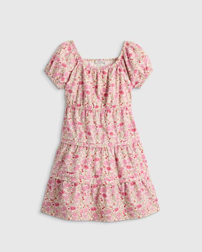 Pink Ditsy Floral 100% Organic Cotton Poplin Tiered Dress