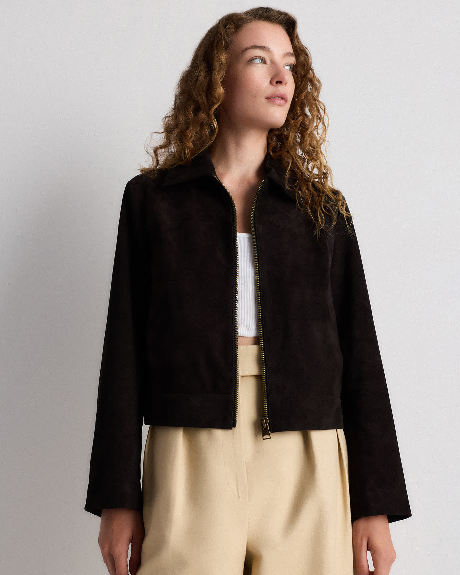 Charcoal Black 100% Suede Cropped Zip-Front Jacket