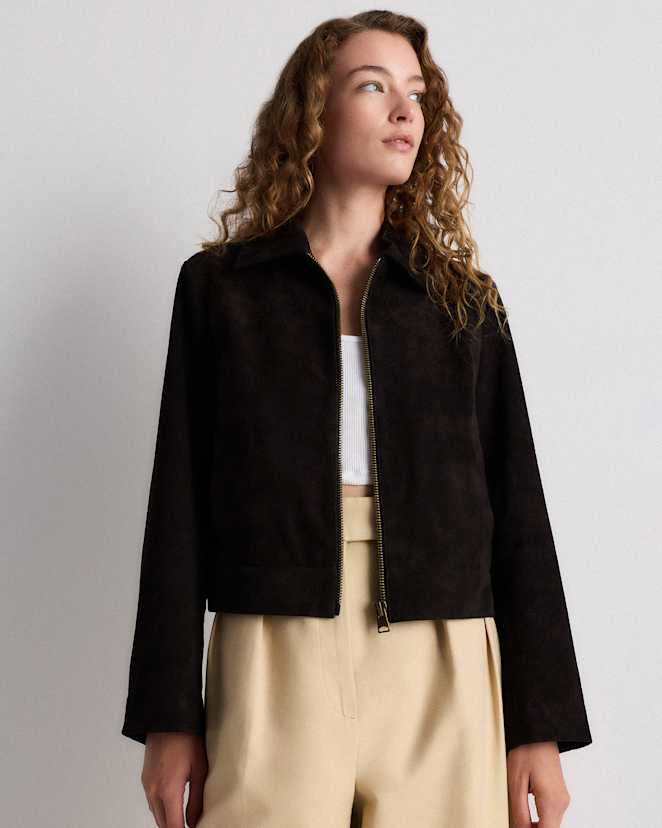 Charcoal Black 100% Suede Cropped Zip-Front Jacket