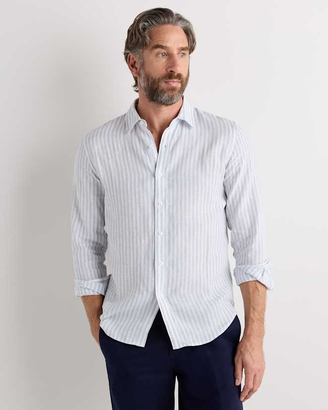 Sky Blue Mariner Stripe 100% European Linen Relaxed Long Sleeve Shirt
