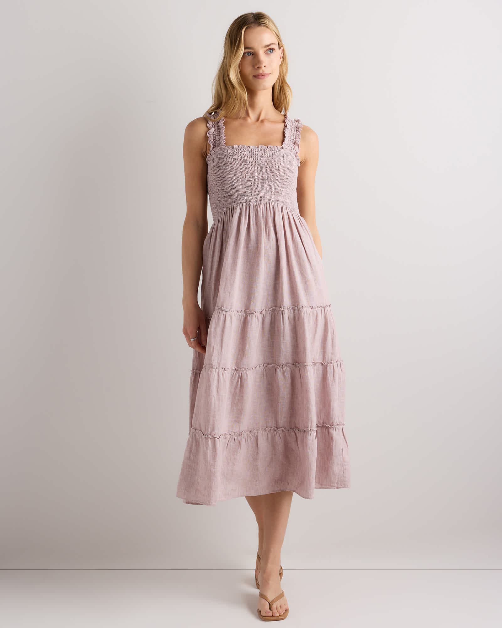 vintage-pink-chambray 100% European Linen Smocked Midi Dress