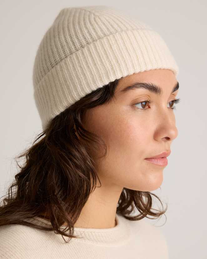 Ivory Mongolian Cashmere Ribbed Beanie