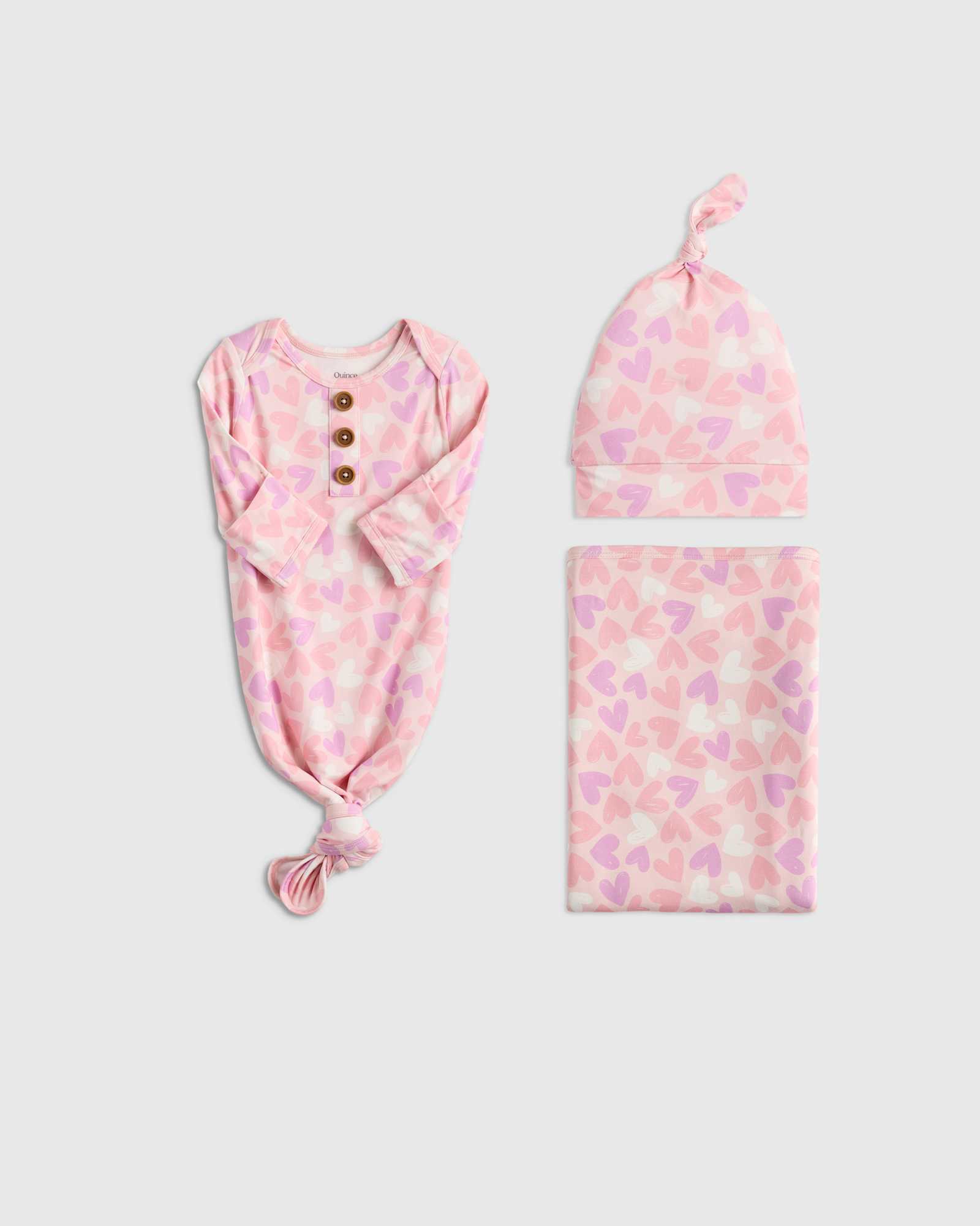 lavender-hearts Bamboo Gown, Hat & Swaddle Layette Set