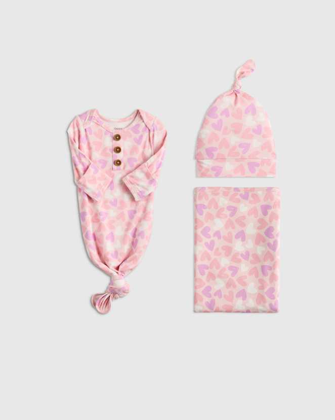 Lavender Hearts Bamboo Gown, Hat & Swaddle Layette Set