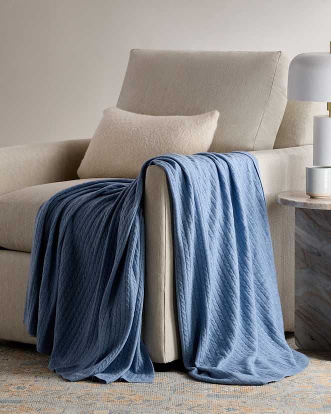 Faded Denim Cable Knit Cashmere Throw