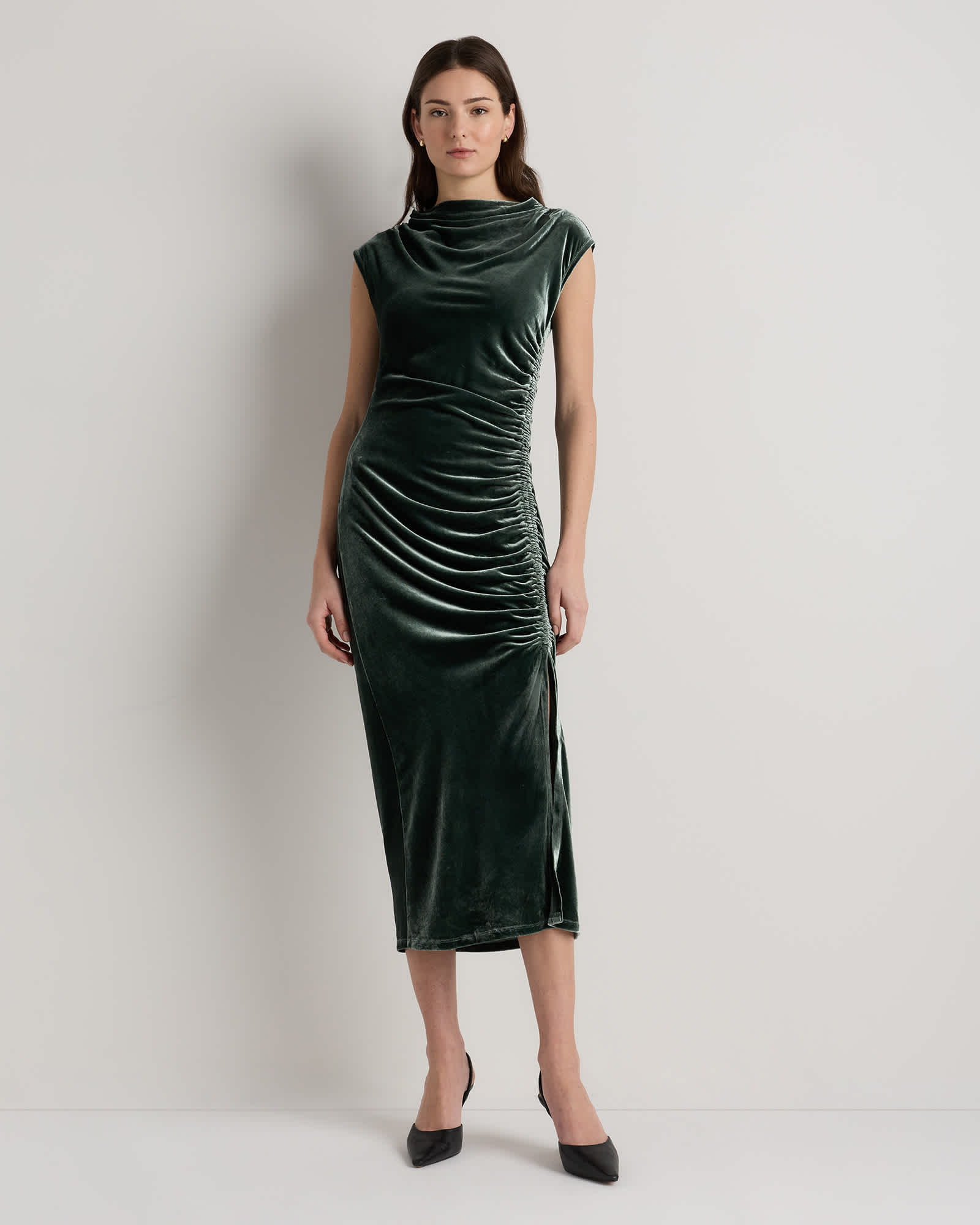 Forest Green Stretch Silk Velvet Ruched Midi Dress