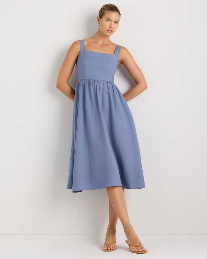 Moonstone Blue 100% European Linen Fit & Flare Midi Dress