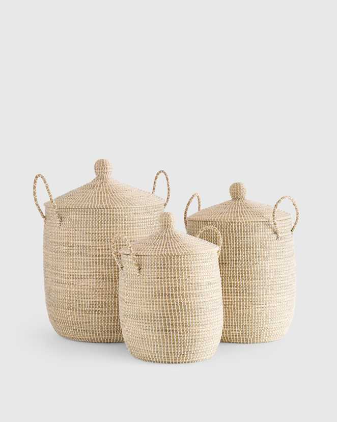 White Wash Handwoven Seagrass Lidded Storage Baskets (Set of 3)