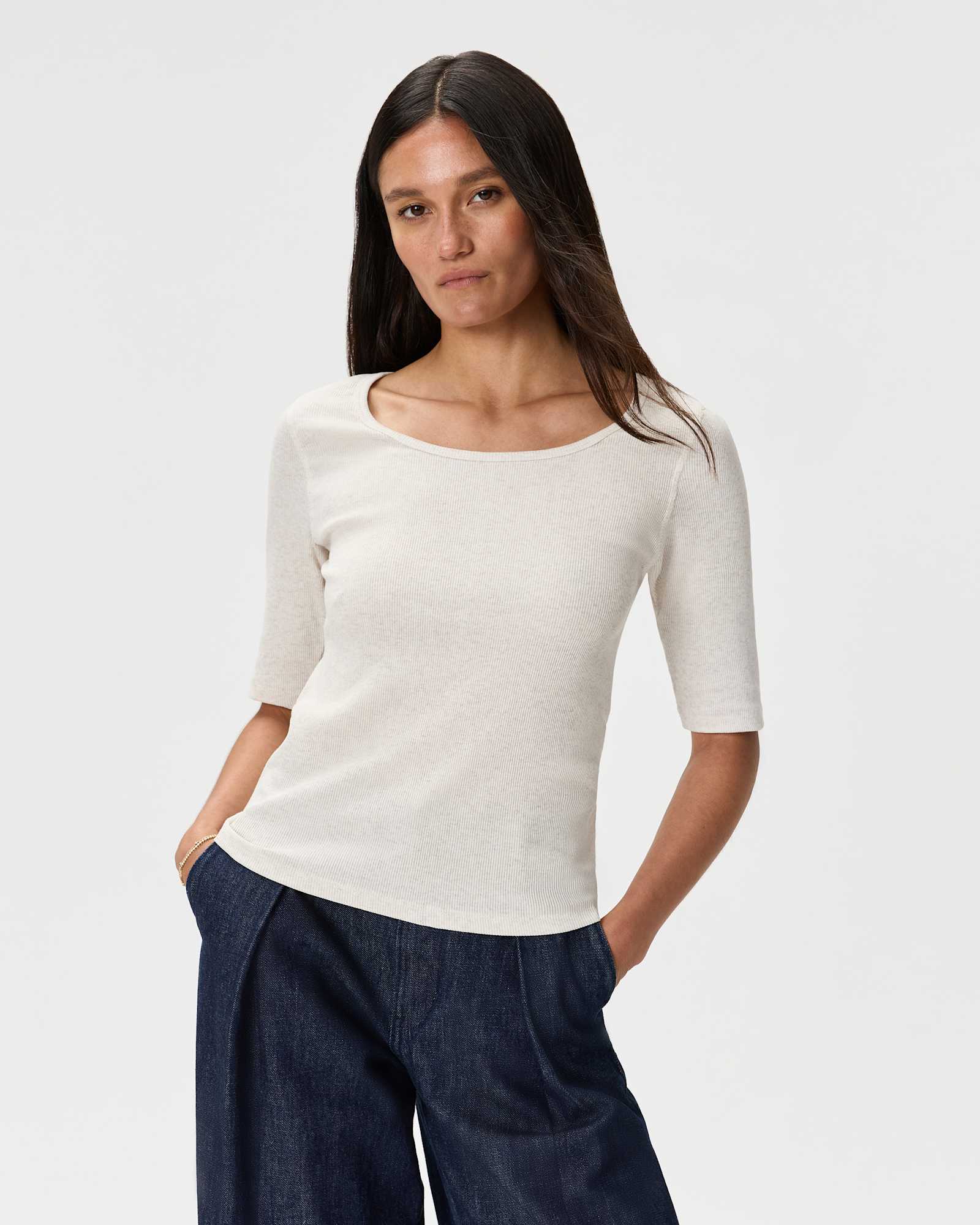 Heather Oatmeal Organic Cotton Micro-Rib Elbow Sleeve Tee