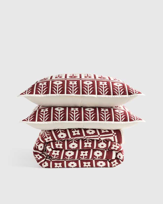 Burgundy Organic Cotton Jacquard Floral Coverlet Set
