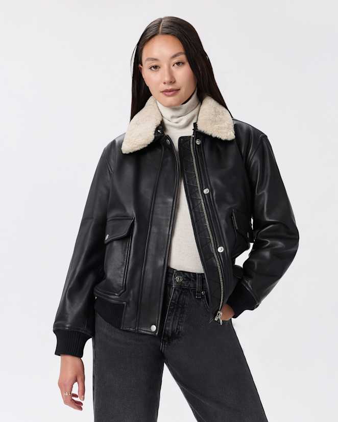 Black 100% Leather Shearling Trim Aviator Jacket