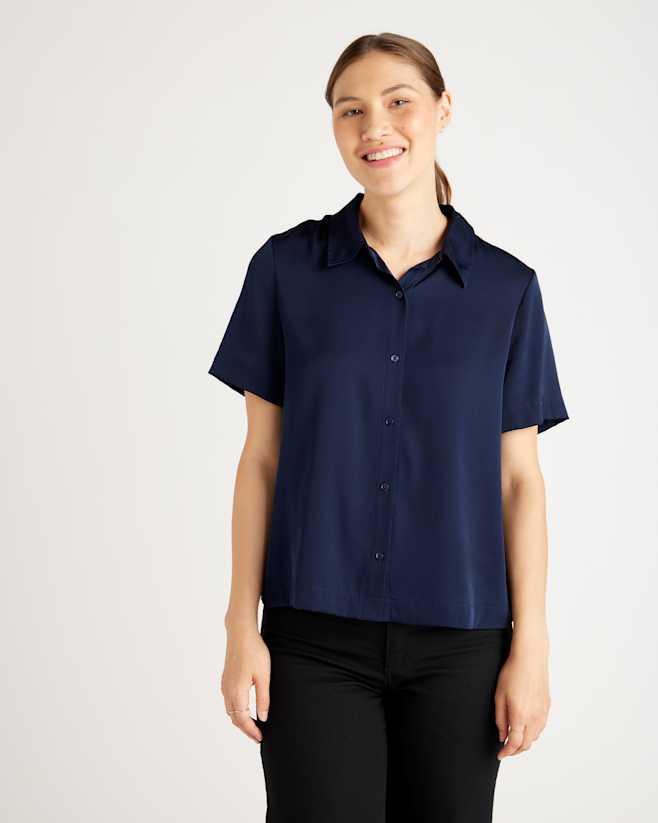 Navy Washable Stretch Silk Short Sleeve Blouse