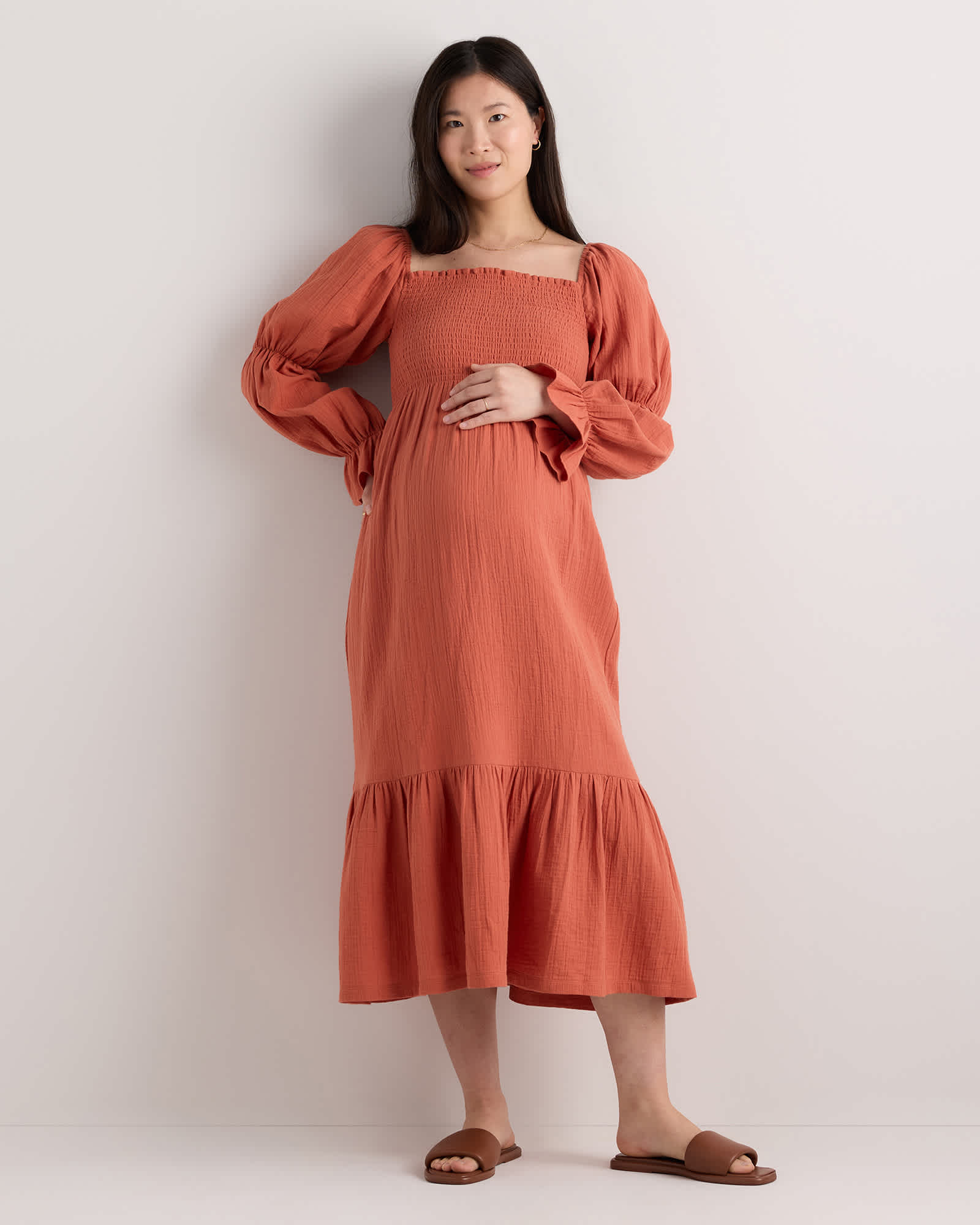 spiced-orange 100% Organic Cotton Gauze Maternity Smocked Midi Dress