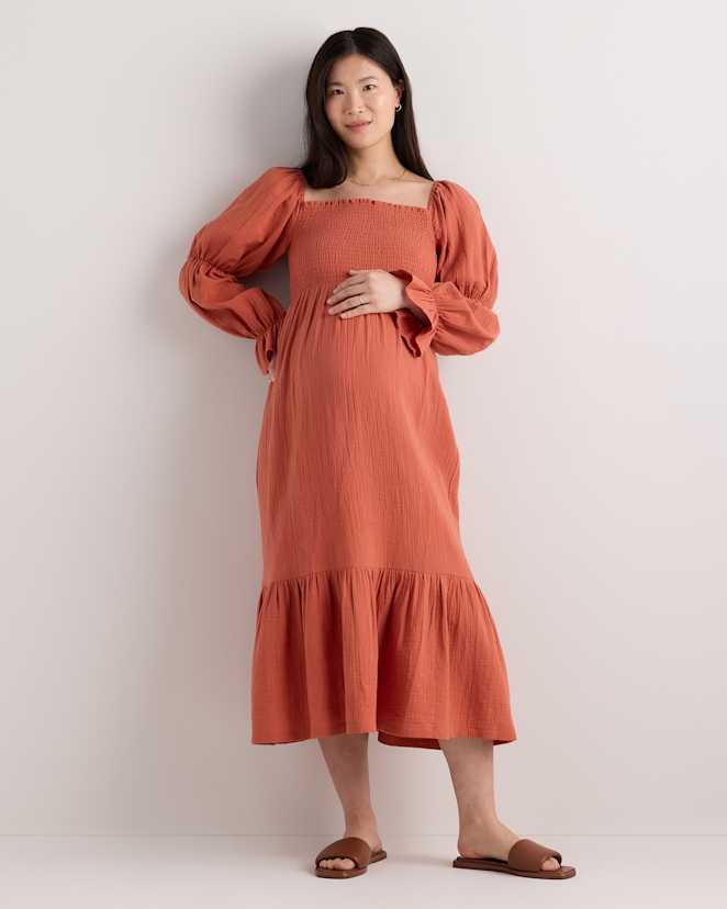 Spiced Orange 100% Organic Cotton Gauze Maternity Smocked Midi Dress