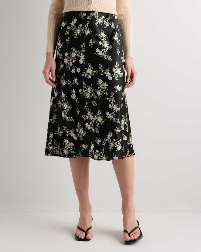Black Vintage Pink Petite Floral 100% Washable Silk Skirt