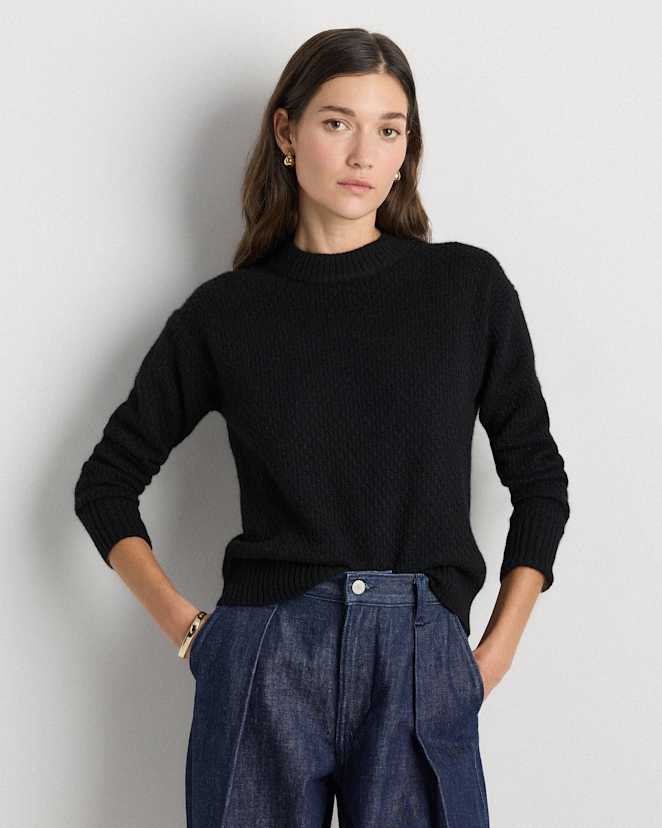 Black 100% Yak Wool Diamond Stitch Crew