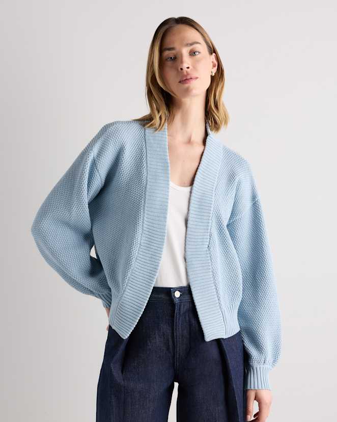 Sky Blue Cardigan ouvert en tricot gaufré 100% coton biologique