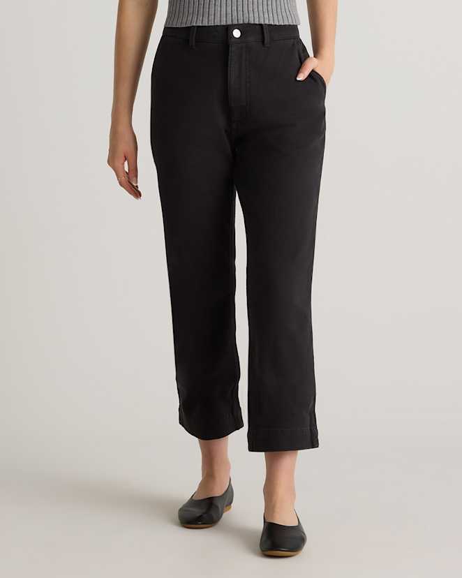 Black Organic Stretch Cotton Twill Straight Leg Cropped Pants