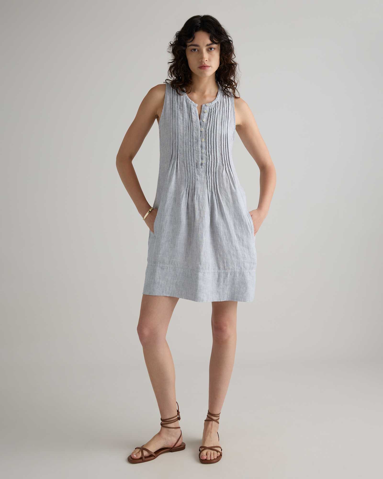 blue-pinstripe 100% European Linen Sleeveless Swing Dress