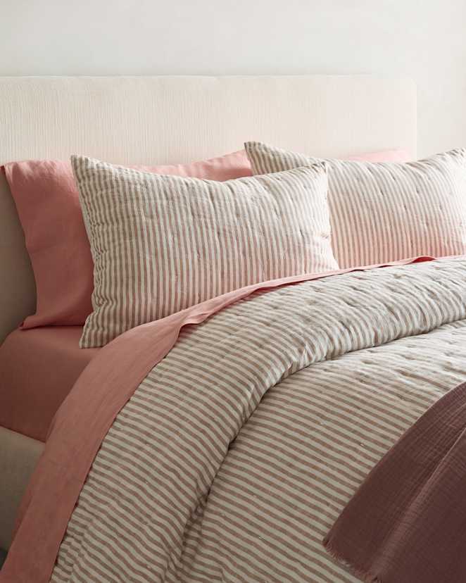 Latte/White Stripe European Linen Patterned Quilted Sham Set